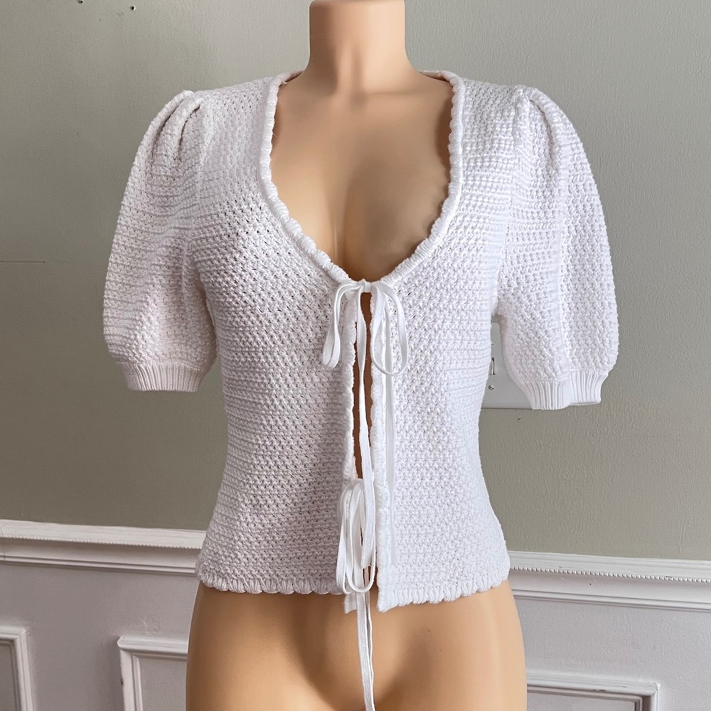 Splendid Cardigan Sz S Puff Sleeve Sweater Tie Front White Coquette Coastal